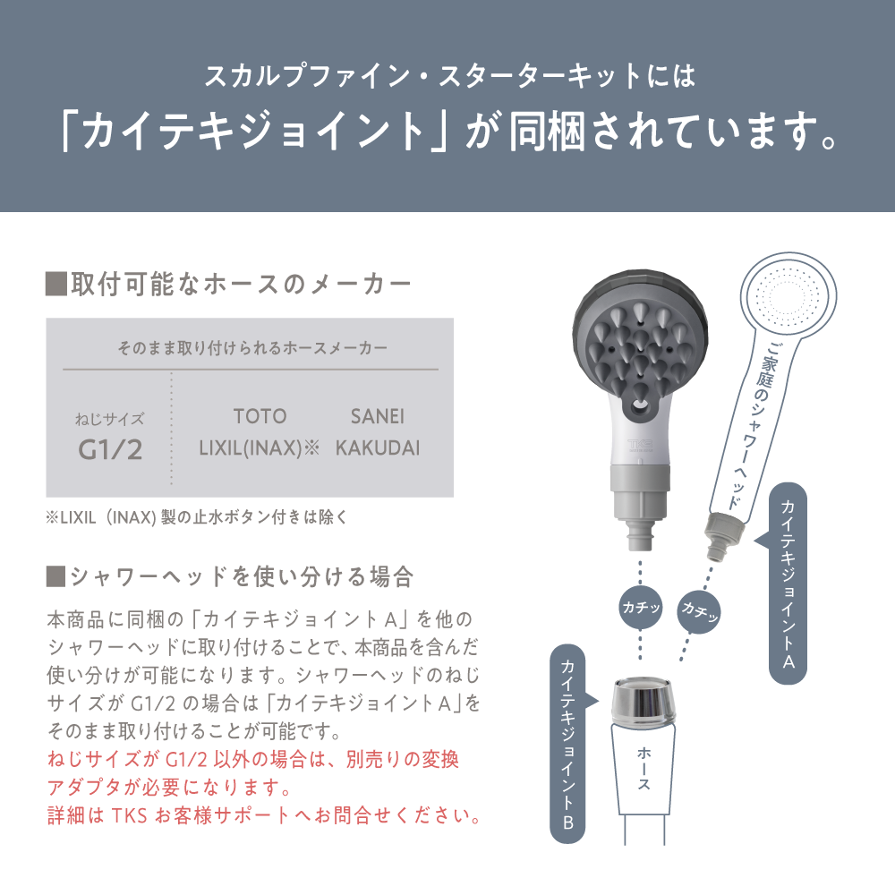 スカルプファインに付属のカイテキジョイントの対応メーカーと接続方法を説明した構造図。