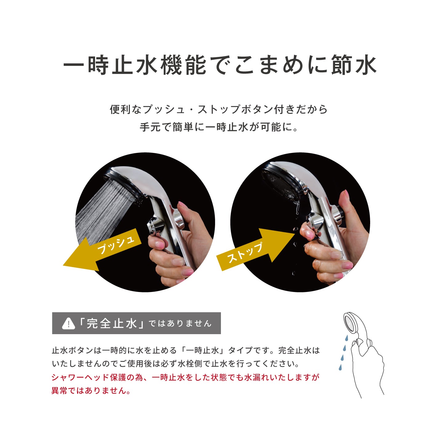 節水に役立つ一時止水ボタンを備えたボリーナリザイアシャワーヘッドの操作イメージ
