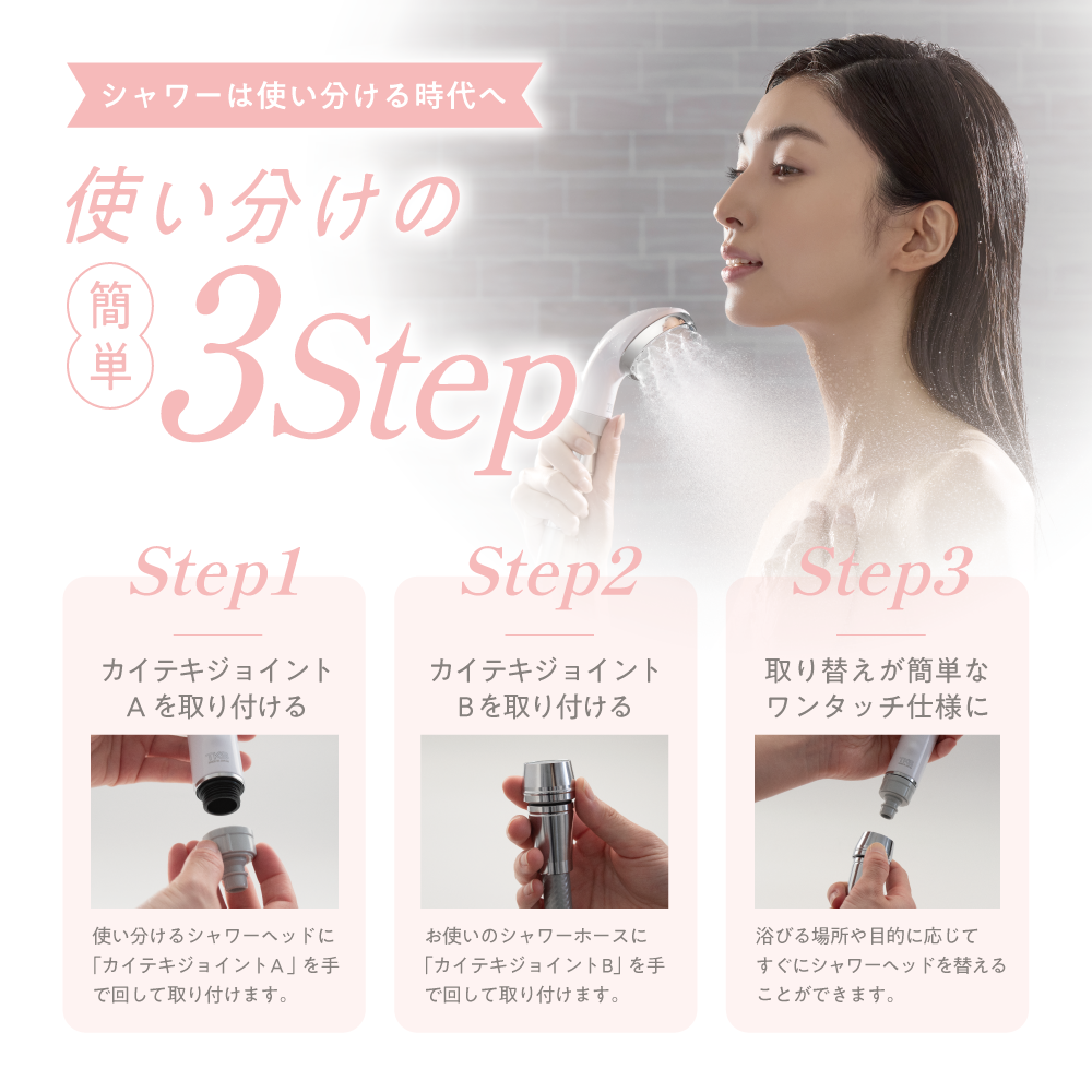 簡単3ステップでシャワーヘッドの取り替えが可能になるカイテキジョイントの使い方解説画像。