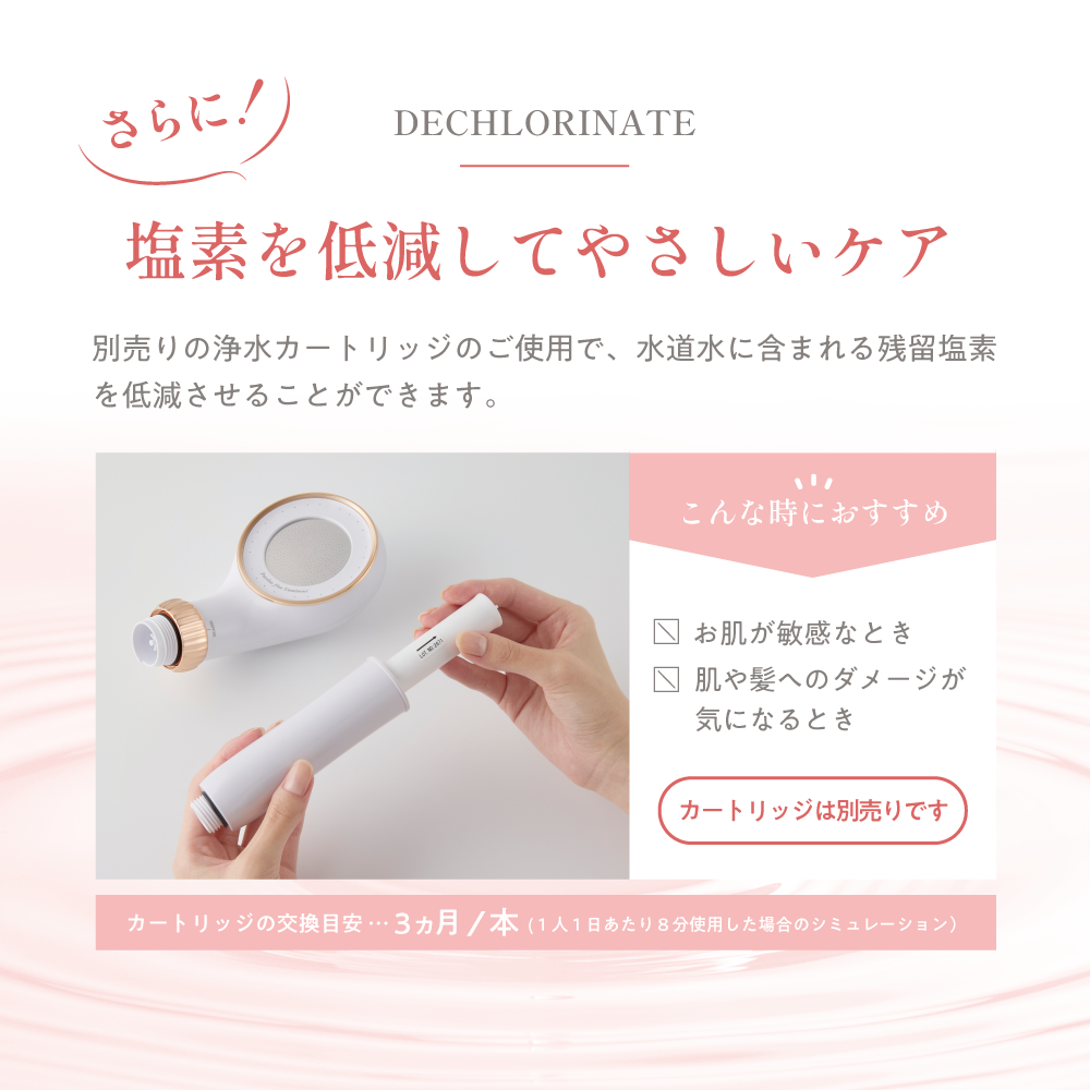 塩素を低減する別売カートリッジの紹介。肌や髪へのダメージが気になる方におすすめ。