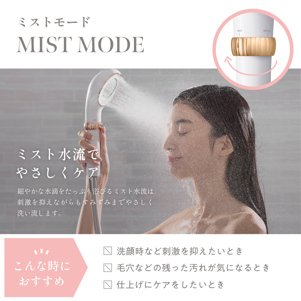 ミストモードで細やかな水流を顔に当てて優しくケアしている様子。洗顔時や毛穴汚れが気になるときにおすすめ。