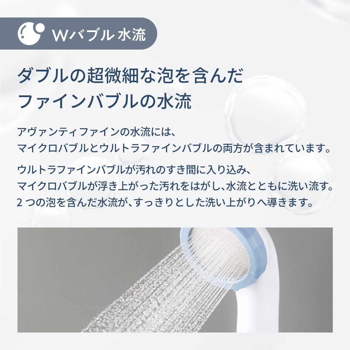 アヴァンティファイン シャワーヘッド ファインバブルを含む水流イメージ。2つの泡を含んだ水流がスッキリとした洗い上がりに導きます。