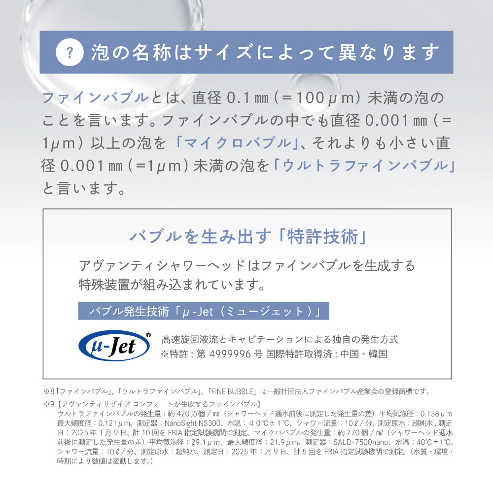 ファインバブルのサイズ名称の違いと、ミュージェット技術によるファインバブル生成の仕組みを紹介。