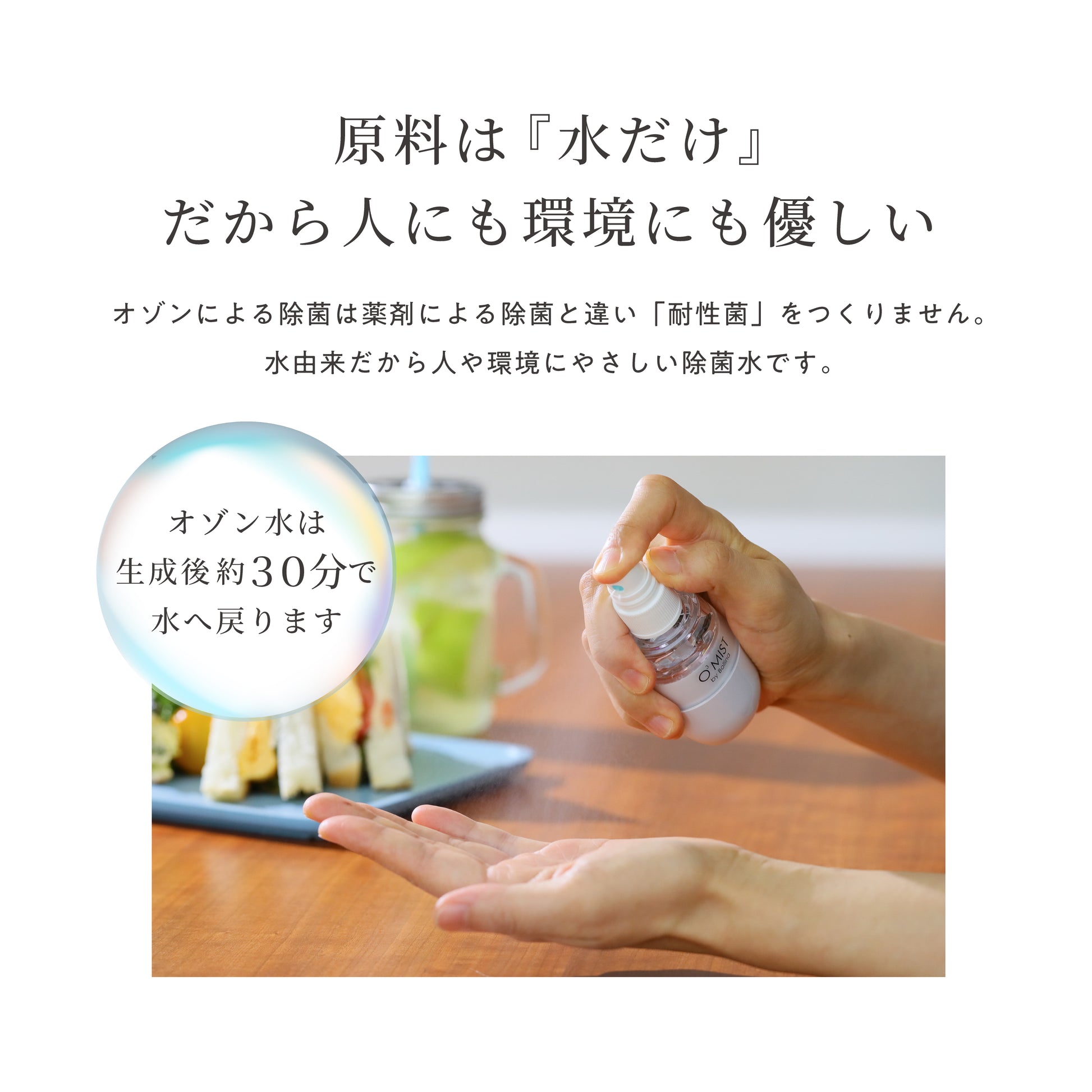 生成されたオゾン水は30分で水に戻る。水由来だから人にも環境にも優しい。