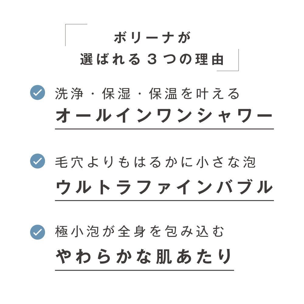ボリーナシャワーヘッドが選ばれる3つの理由｜ウルトラファインバブルが叶える洗浄・保湿・保温作用とやわらかな肌あたり