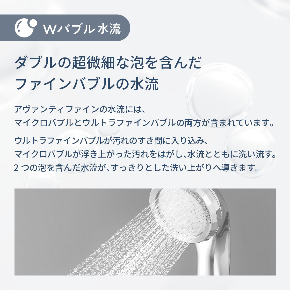 アヴァンティファイン シャワーヘッド ファインバブルを含む水流イメージ。2つの泡を含んだ水流がスッキリとした洗い上がりに導きます。